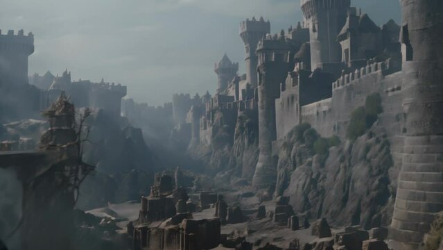 Fantasy medieval castle walls aerial view animation