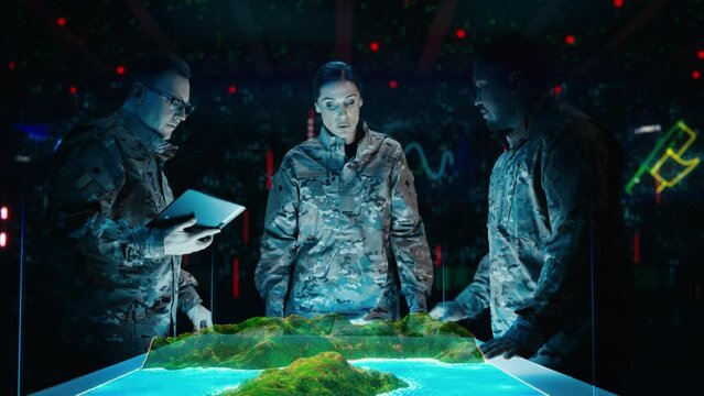 Futuristic Warfare Strategy: Military Intelligence Experts use Holographic Augmented Reality Table Map to Scan Enemy Terrain. Army Recoinessance Use 3D Surveillance Tech, Big Data Analysis to Win War