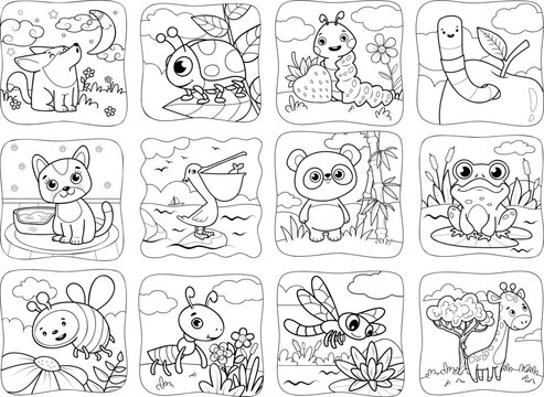 Cute Woodland Animals For Coloring Book, Bear, Butterflies, Frog, Giraffe, Ant, Cat, Dog, Birds, Vector Illustration In Various Themes. Hand Drawn Farm Animals Coloring Pages Collection.