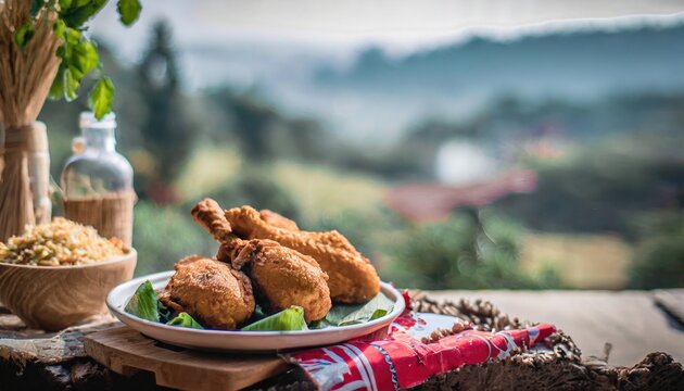 Copy Space image of Fried and Crispy Chicken Gizzards on a Rustic Wooden Table with landscape view background.