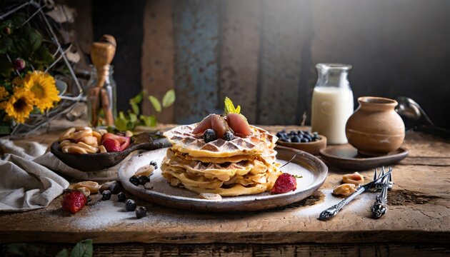 Copy Space image of Belgian waffles with strawberries, blueberries and syrup on wooden table.