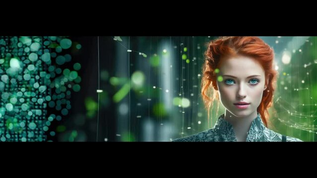 Ein Portr&auml;t einer bezaubernden rothaarigen Frau  vor der Kulisse einer malerischen Natur und KI Technologie. 