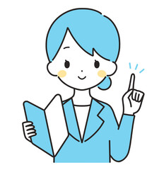 水色｜初心者マークを持つスーツの女性｜指差し