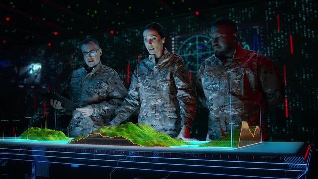 High-Tech Warfare: Military Intelligence Specialists use Holographic Augmented Reality Table Map to Scan Enemy Territory. Army Recoinessance Using Sattelite Surveillance 3D Technology, Analysis