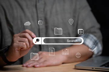 Businessman using smartphone with popup icon email, newsletters and notification for business e-mail and business communication, technology, Scheme of direct sales in business.