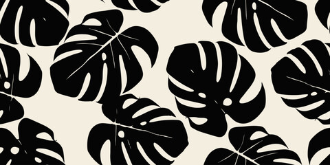 Monstera leaf seamless pattern. Hand drawn tropical leaves. Modern print in black and white color. natural ornaments for textile, fabric, wallpaper, home decor, background. - obrazy, fototapety, plakaty