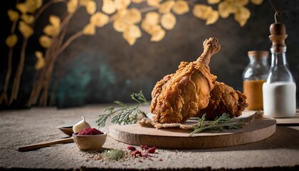 Copy Space image of Fried and Crispy Chicken Gizzards on a Rustic Wooden Table with landscape view background.