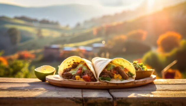 Copy Space image of Wooden board with delicious tortillas on kitchen table on landscape view background.