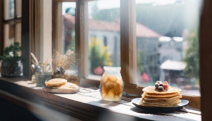 Copy Space image through windows of Belgian waffles with berries and powdered sugar in a white plate on a dark wooden - obrazy, fototapety, plakaty