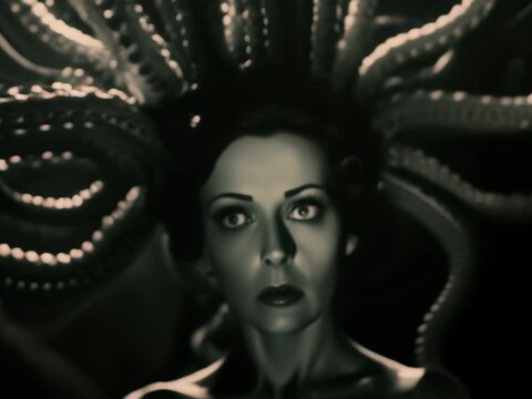 Dark noir actress with tentacles coming from his hair zooming out retro movie style animation