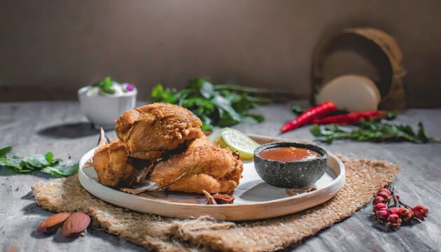 Copy Space image of Fried and Crispy Chicken Gizzards on a Rustic Wooden Table with landscape view background.