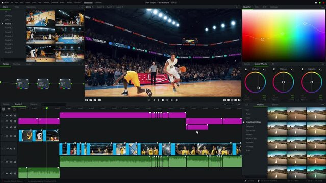 Basketball Championship Color Grading Software UI. Super Cool Stylish Editing in AI Application Tool that Transform Tournament Highlights, Goals and Victories in a Advanced Mock-up User Interface