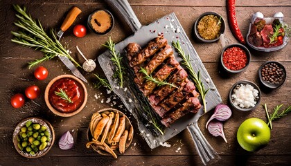 BBQ Grilled rib eye steak, fried rib eye beef meat on a plate with green salad. Dark background.