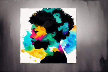 Black History month. An illustration of an young black woman. Silhouette. Watercolor paint. Generative AI