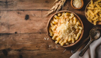 mac and cheese with corn, bacon topped with panko breadcrumbs on plate on dark wooden