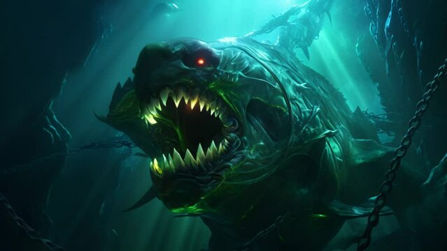 Giant underwater leviathan monster turning around deep sea animation