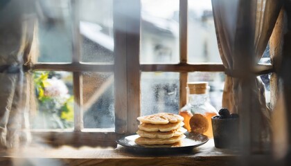 Copy Space image through windows of Belgian waffles with berries and powdered sugar in a white plate on a dark wooden - obrazy, fototapety, plakaty