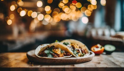 Copy Space image of Burrito wraps from fillet grilled chicken, pickles, tomatoes and cheese on night bokeh street background