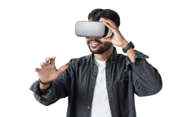 Young man using virtual reality headset isolated in transparent PNG, VR, future gadgets, technology, virtual event, video game concept