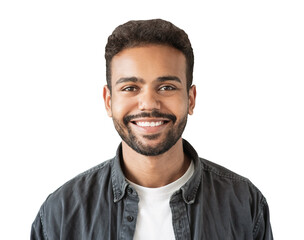 Closeup portrait of handsome smiling young man isolated in transparent PNG. Laughing joyful cheerful men studio shot