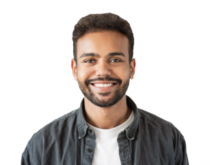 Closeup portrait of handsome smiling young man isolated in transparent PNG. Laughing joyful cheerful men studio shot