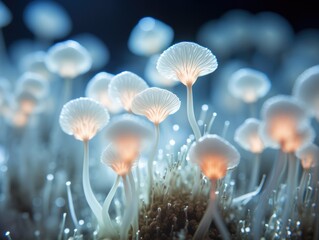 A group of white mushrooms with bright lights. Generative AI.