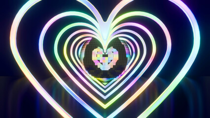 A dazzling 3D rendering featuring a vibrant disco ball amidst a mesmerizing dance of glowing, chromatic love hearts.