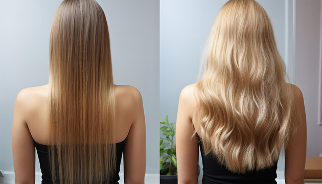 Woman before and after hair extensions on white background. Hair extension, beauty, tress, hair growth, styling, salon concept. Length and volume. Beauty hair treatment concept