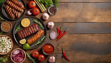 Barbecue menu. Grilled meat and vegetables on rustic wooden table - obrazy, fototapety, plakaty