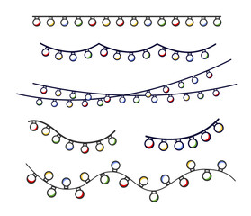 Set  colored holiday  lights.  Line art. Light bulbs garland for Christmas, birthday,background, holiday cards, banners, footer, header, menu. Vector illustration. Isolation on white background. Horiz