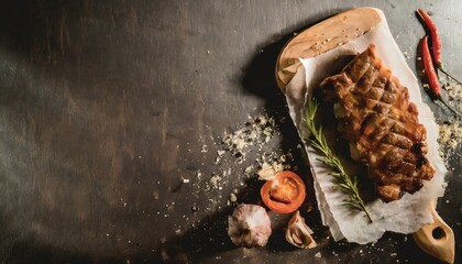 BBQ Grilled rib eye steak, fried rib eye beef meat on a plate with green salad. Dark background.