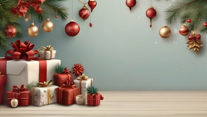 Fototapeta na wymiar Christmas background with gifts and balls