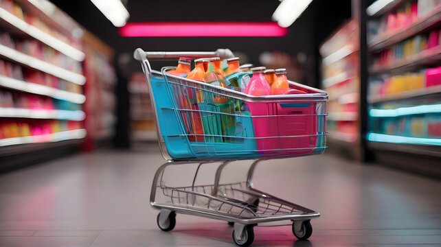 Shopping cart with colorful glass bottles