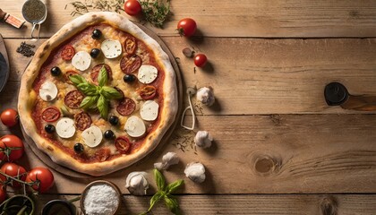 Obraz na płótnie Canvas Copy Space image of Delicious pizza margarita with mozzarella on dark wooden
