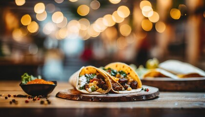 Copy Space image of Burrito wraps from fillet grilled chicken, pickles, tomatoes and cheese on night bokeh street background