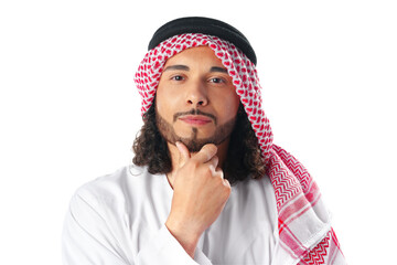 Pensive young man in traditional middle-east dress thobe on white background