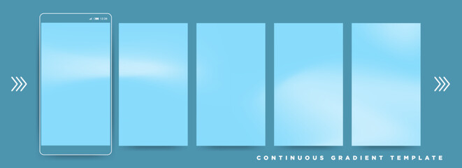 Baby Blue Gradient Social Media Story Template. Continuous 9:16 ration poster Vector Template. Five gradient backdrops. Perfect for designs, feeds, social media, web, banners. Vector.
