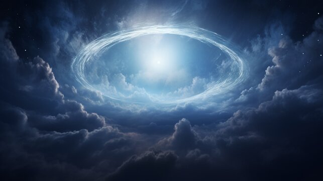 an image featuring a moon halo encircled by wispy clouds in the night sky, with the moon's light diffusing through the clouds, creating a mesmerizing celestial halo effect, Illustration - Generative A