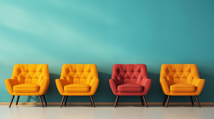 Row of four armchairs. Three yellow and one red retro-style armchairs on green wall background