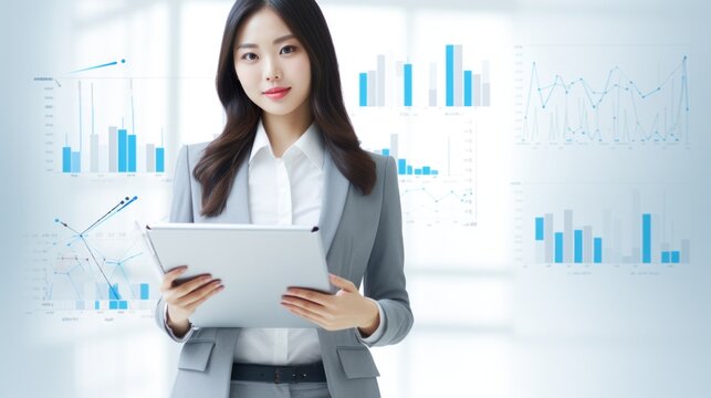 Beautiful Asian businesswoman wearing a suit, pants, high heels, holding an iPad, displaying products, white background 