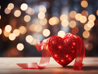 Bokeh lights with hearts and bows on wooden background, valentines day concept, copy space banner template.