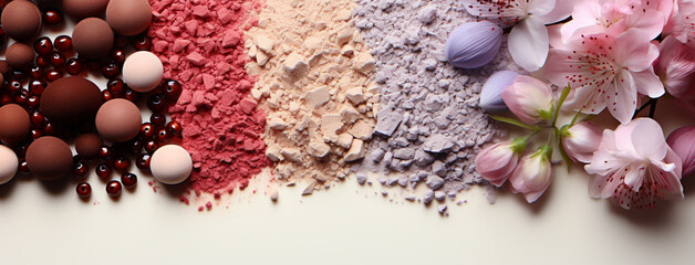 Wide flat lay photo of colorful cosmetic and foundation powders in white background 