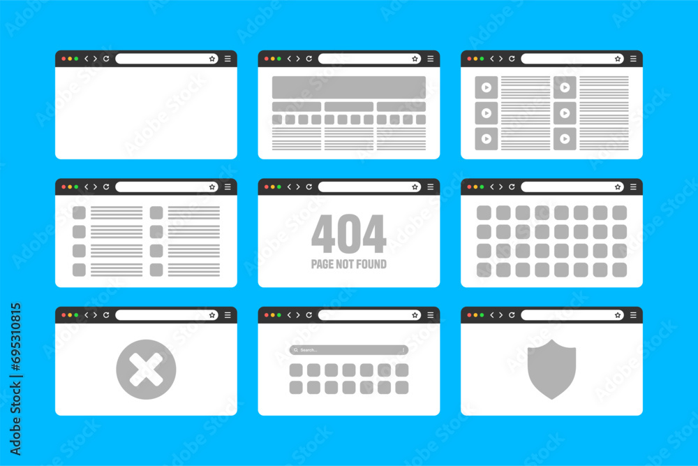 Poster web browser window, pages layout with toolbar and search field. modern website, internet page in fla