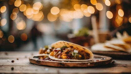 Copy Space image of Burrito wraps from fillet grilled chicken, pickles, tomatoes and cheese on night bokeh street background - obrazy, fototapety, plakaty
