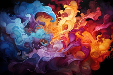 A vibrant blend of cascading liquid colors, swirling and intertwining with each other in a...