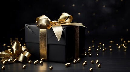 stylish black gifts on a black background with gold ribbons, background, space for text