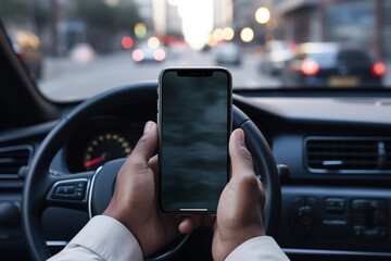 Closeup driver hand is holding smartphone with white screen
