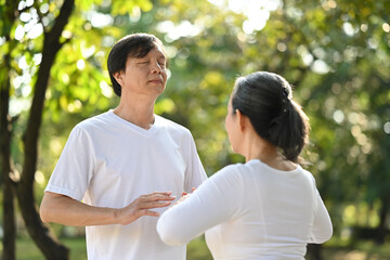 Calm senior couple doing Qi Gong or Tai Chi exercise in the summer park