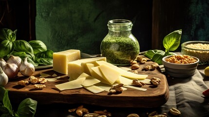 ingredients for making pesto sauce, dark background