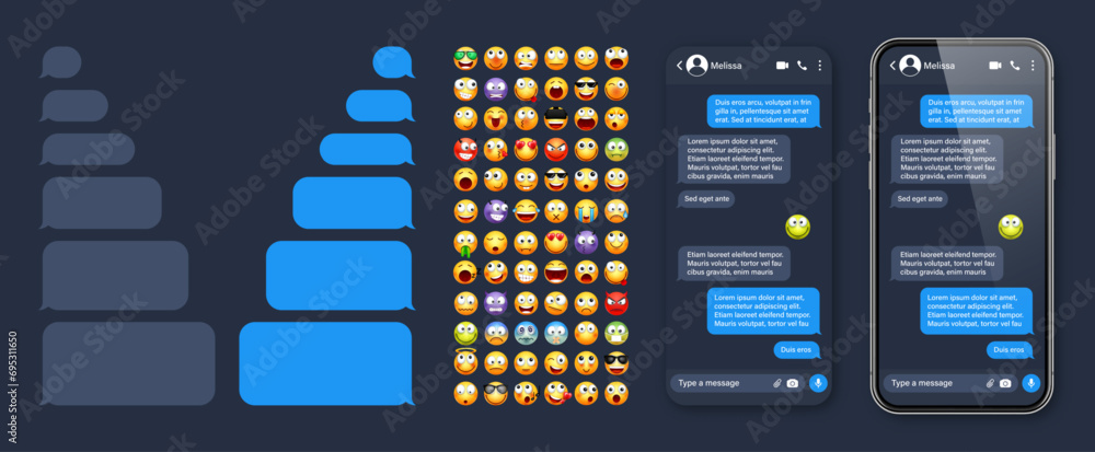 Aufkleber smartphone messaging app, user interface with emoji. sms text frame. chat screen, blue message bubbl